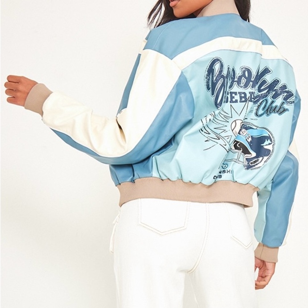 TALL BABY BLUE OVERSIZED PADDED BASEBALL BOMBER JACKET NWT